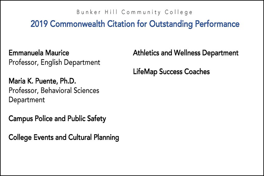 Bunker Hill Community College 2019 Commonwealth Citation for Outstanding Performance Emmanuela Maurice Professor, English Department Maria K. Puente, Ph.D. Professor, Behavioral Sciences Department, Campus Police and Public Safety, College Events and Cultural Planning, Athletics and Wellness Department, LifeMap, Success Coaches
