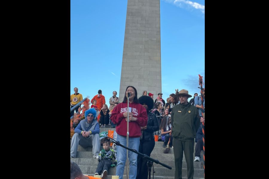 Pam Eddinger speaking at the Bunker Hill Memorial