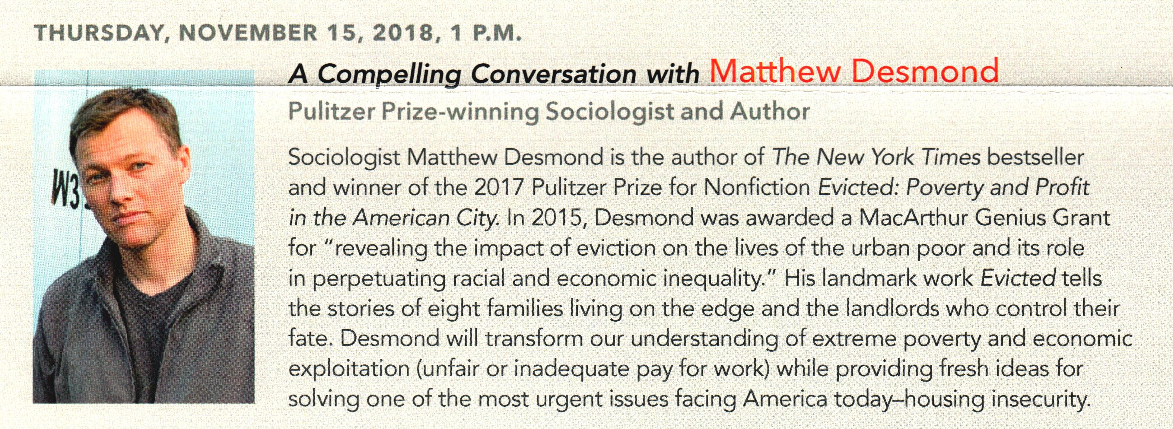 Matthew_Desmond18.jpg - November 15, 2018 Matthew Desmond Compelling Conversations event flyer
