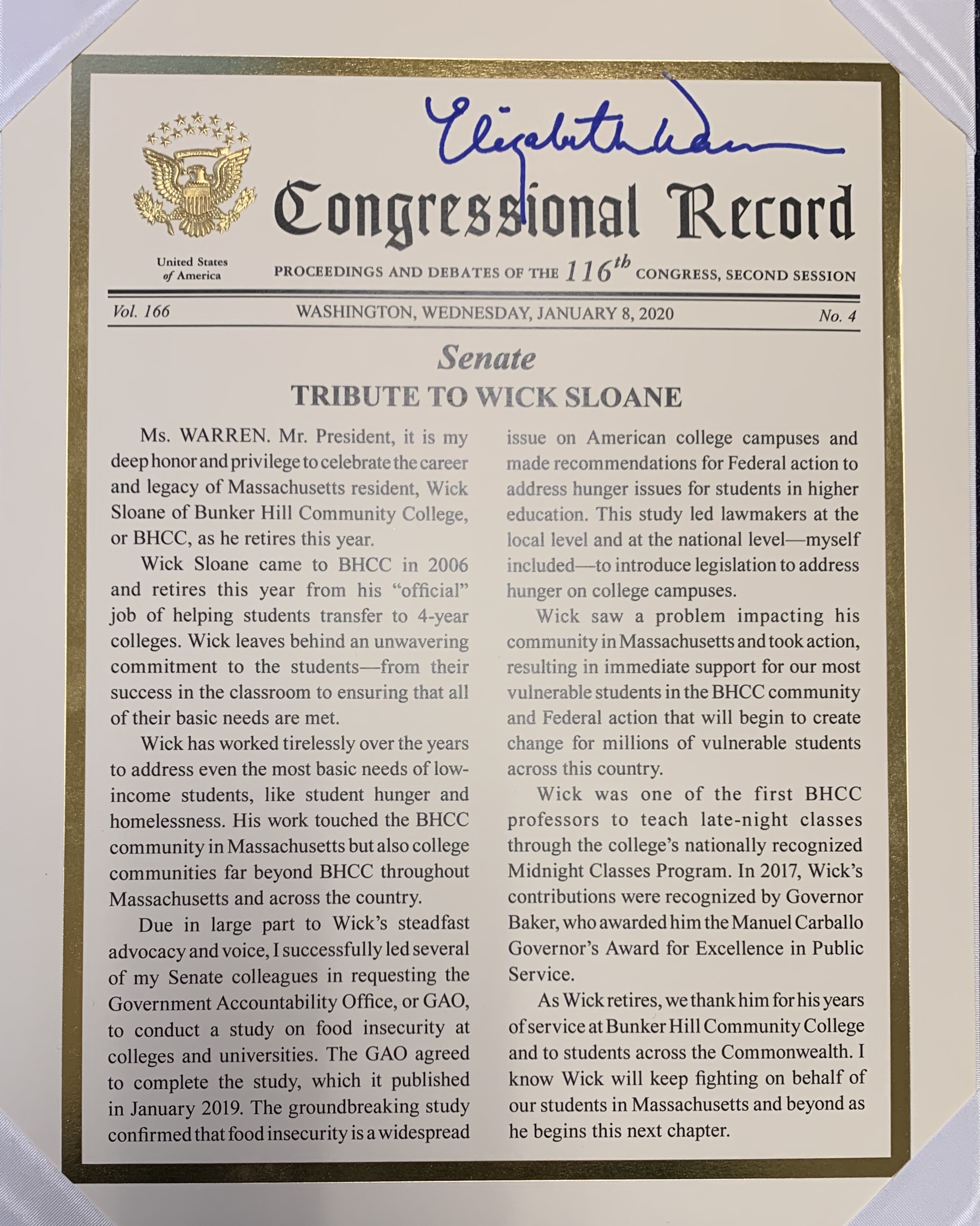 Congressional record From Senate Warren , a tribute to Wick Sloane