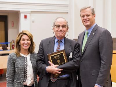 Manuel Carballo Governor’s Award for Excellence in Public Service recipient James R.W. (Wick) Sloane (center) with Governor Charlie Baker (right) and Lieutenant Governor Karyn Polito.
 